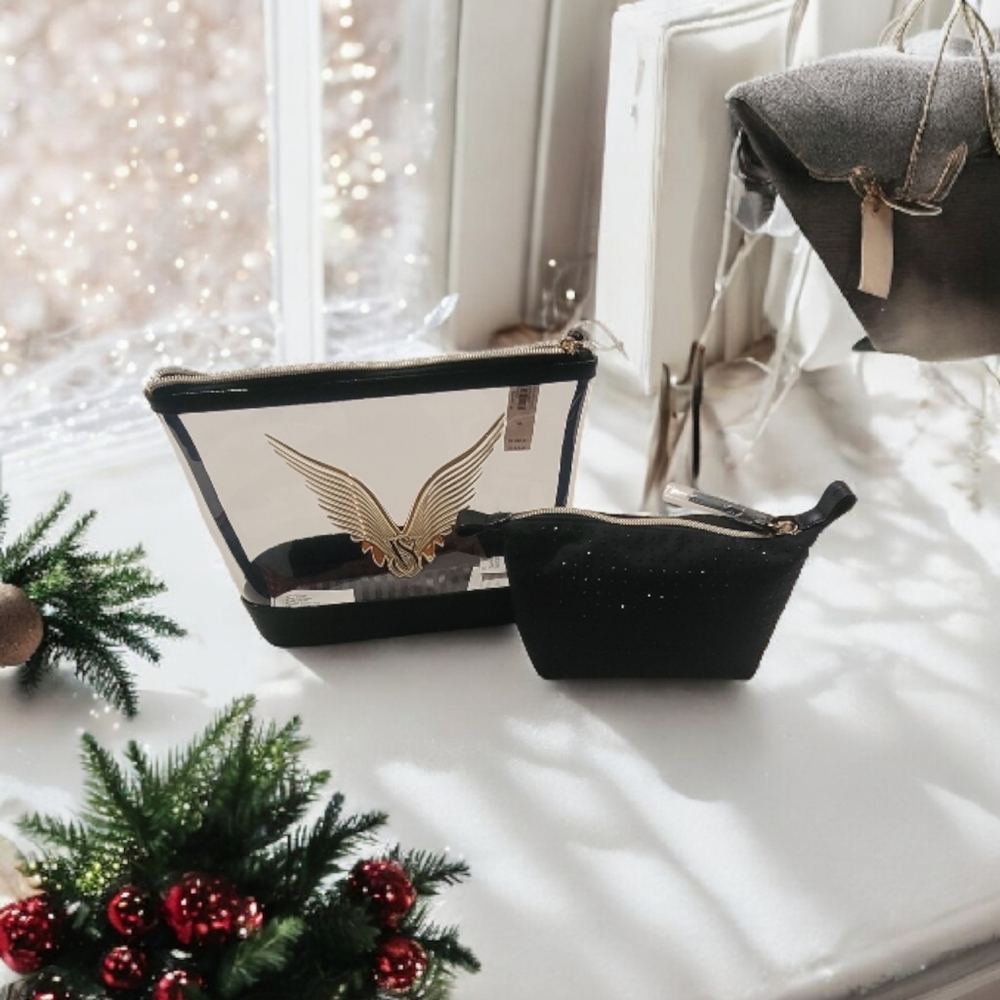 Nwt Victoria's Secret Gold and Black An Clear Cosmetic Bag With Black Bag Inside